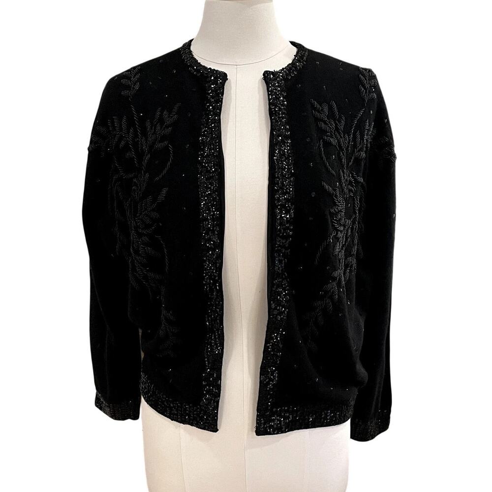 Vintage Cyn Les Black Lambswool Angora Beaded Sequined Open Front Cardigan, L